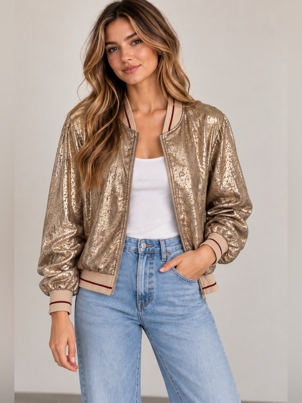 NWT Verdusa Emma & Ella Gold Metallic Bomber Jacket Size XL